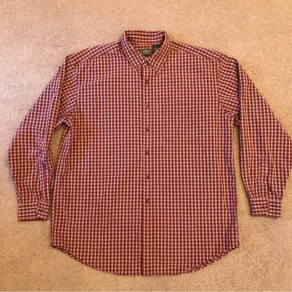 LL Bean Long Sleeve Shirt Mens Large Burgundy Check Plaid Cotton Button Up
